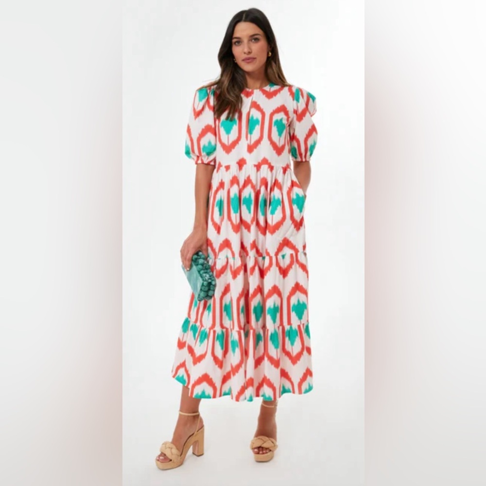 Oliphant Coral and Teal Ikat Print Puff Sleeve Midi Dress